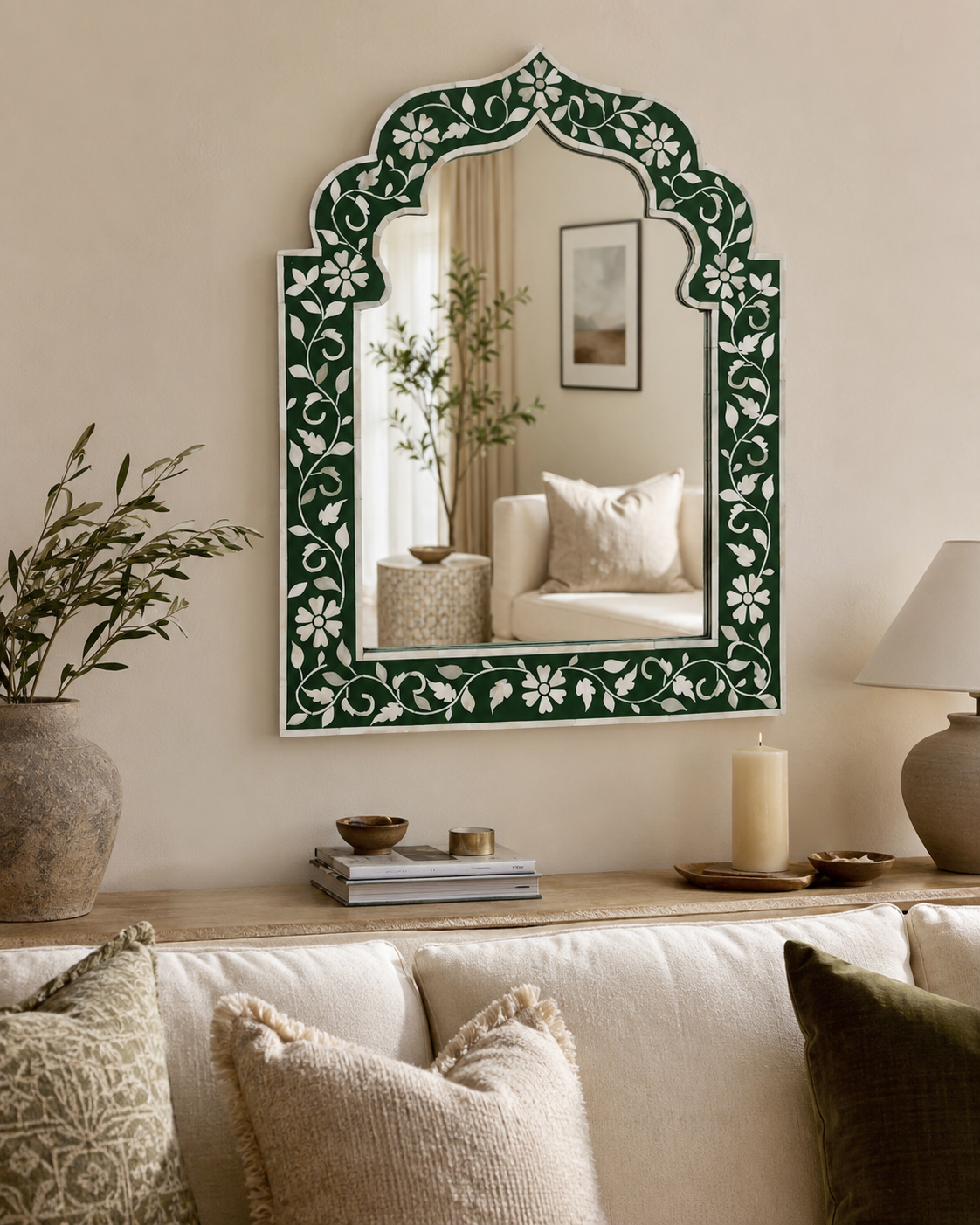 Green and white bone inlay mirror frame with floral and vine design