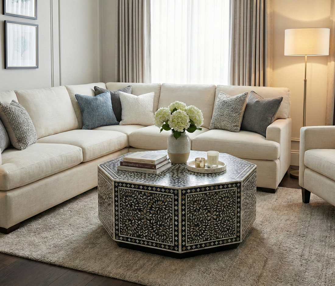Blue Mother of Pearl Inlay Hexagon Coffee Table with Floral Design