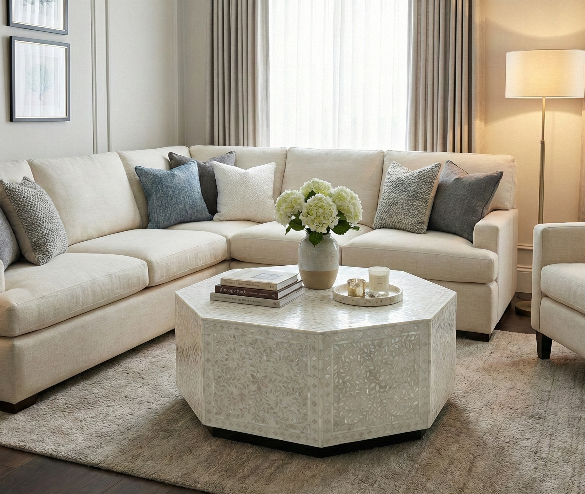 Blue Mother of Pearl Inlay Hexagon Coffee Table with Floral Design