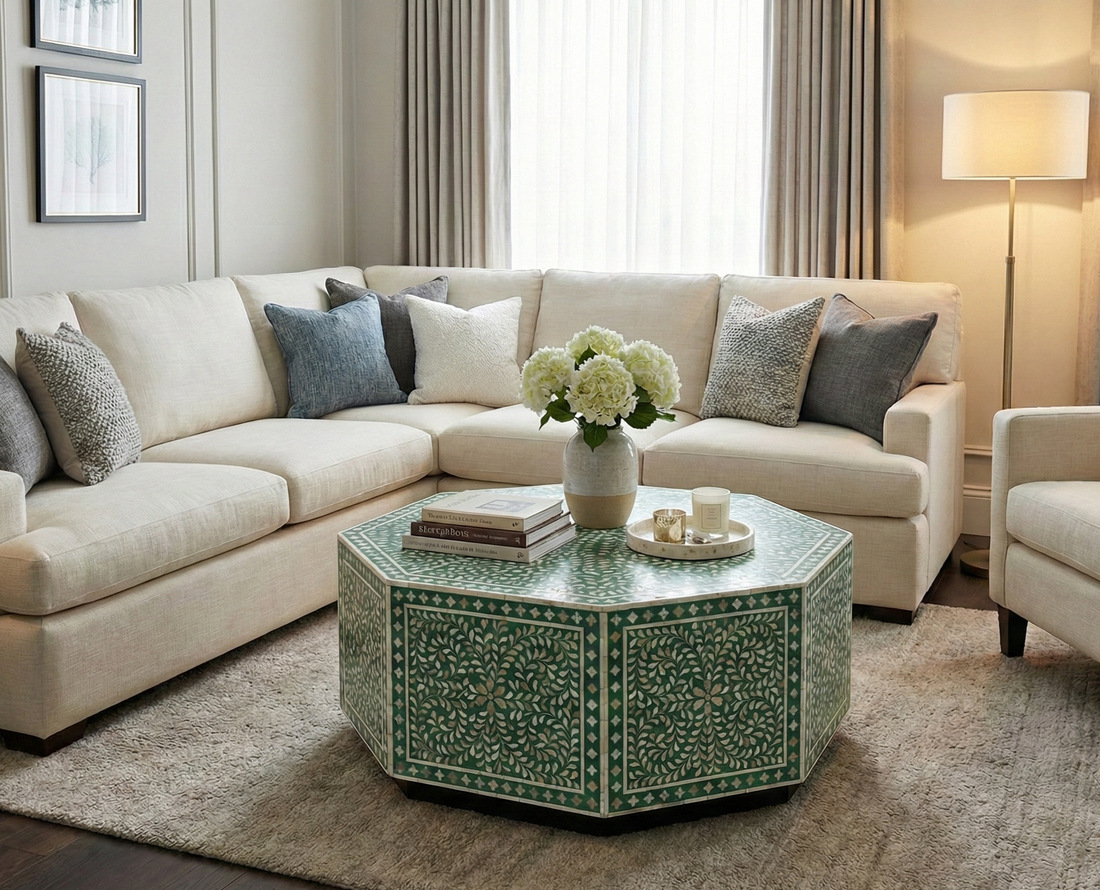 Blue Mother of Pearl Inlay Hexagon Coffee Table with Floral Design