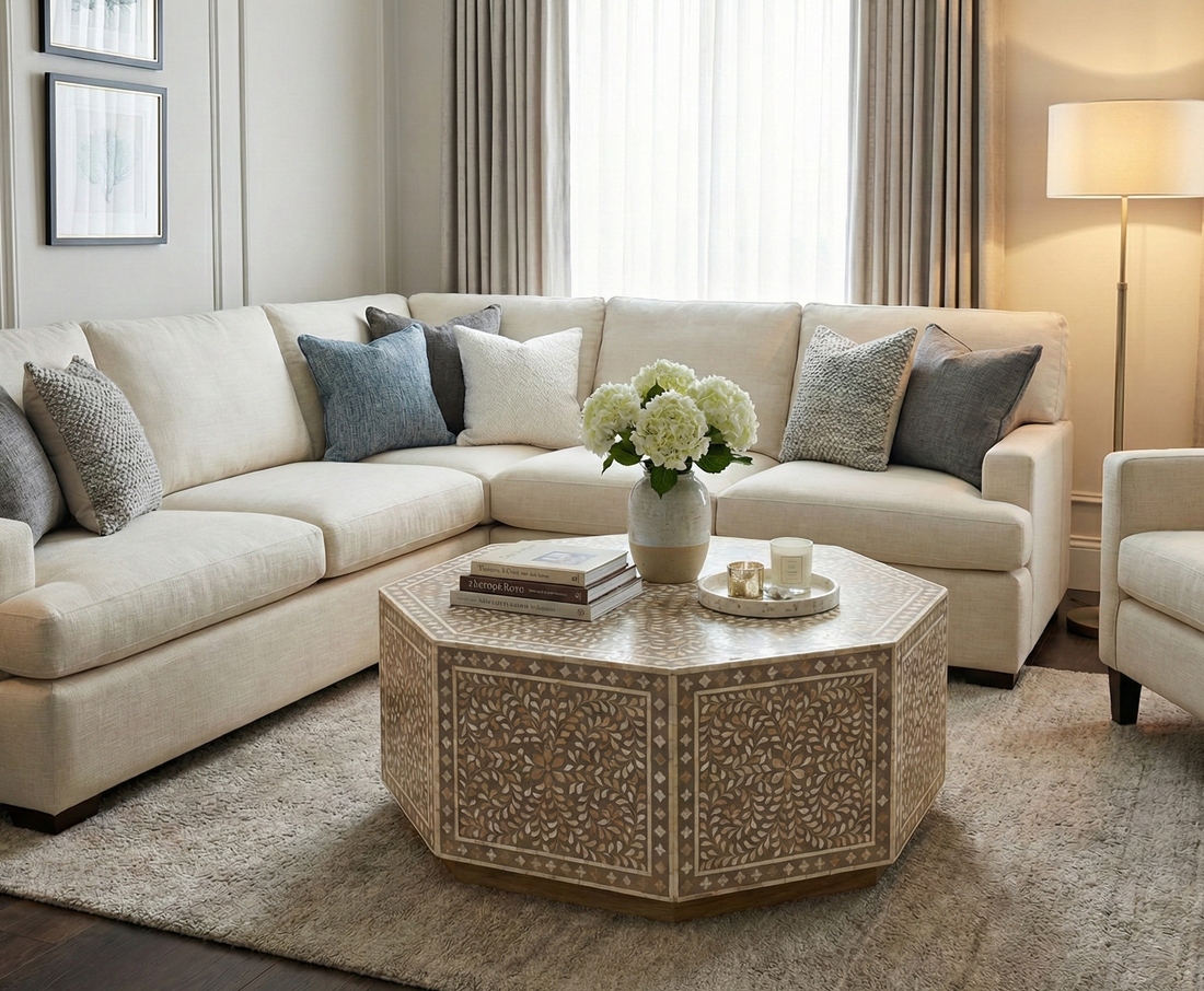 Blue Mother of Pearl Inlay Hexagon Coffee Table with Floral Design