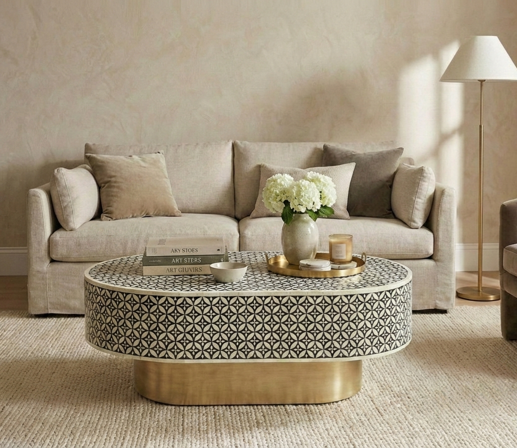 Bone Inlay Oval Coffee Table in Grey with Brass Base – L42 x D27 x H17 Inches