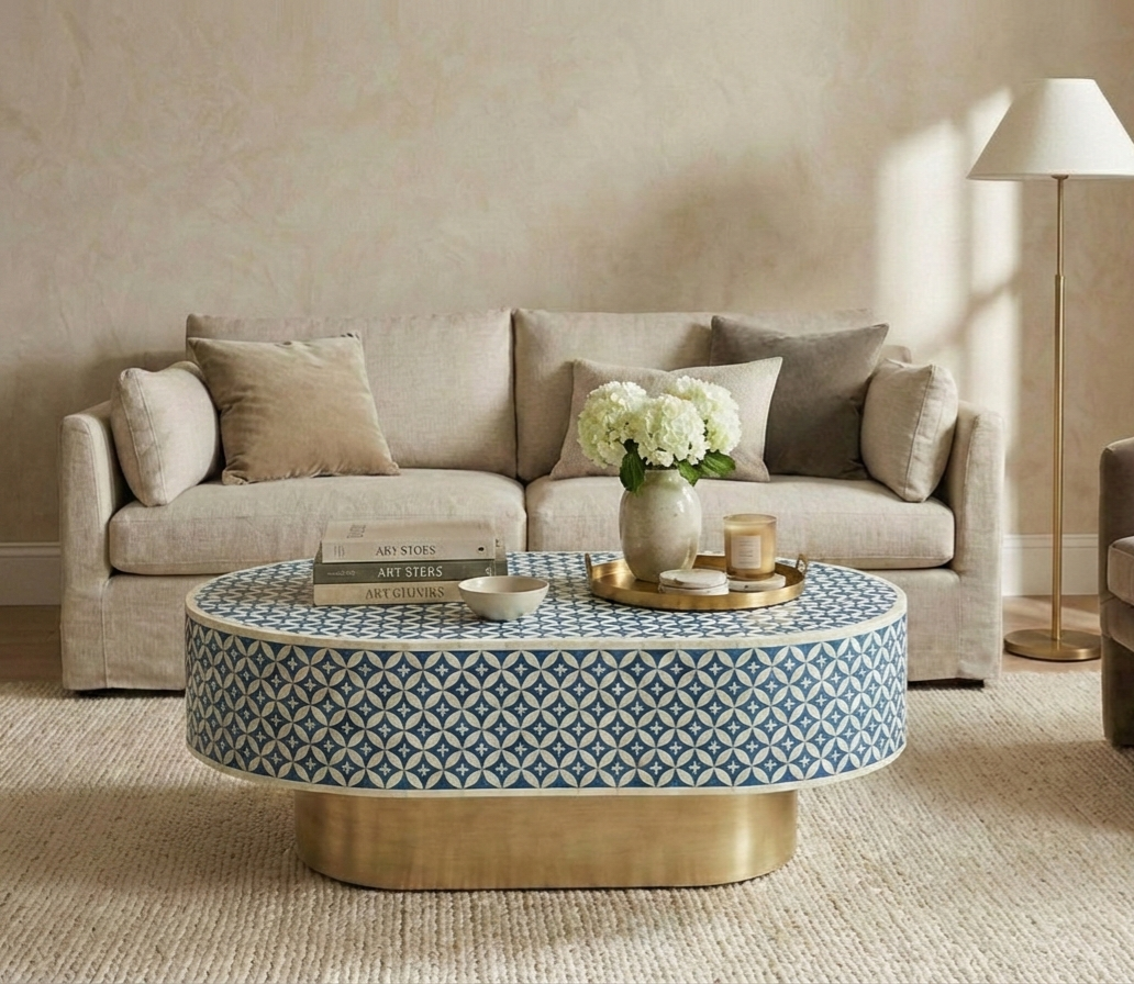 Bone Inlay Oval Coffee Table in Grey with Brass Base – L42 x D27 x H17 Inches