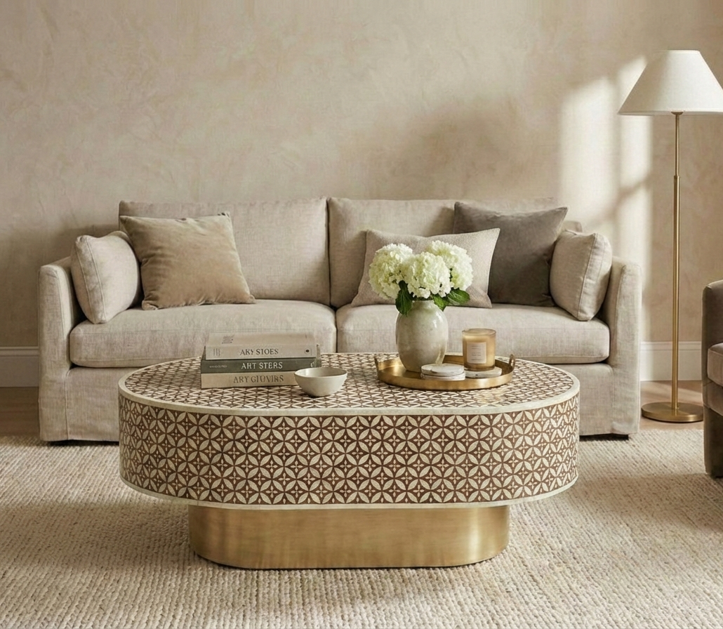 Bone Inlay Oval Coffee Table in Grey with Brass Base – L42 x D27 x H17 Inches
