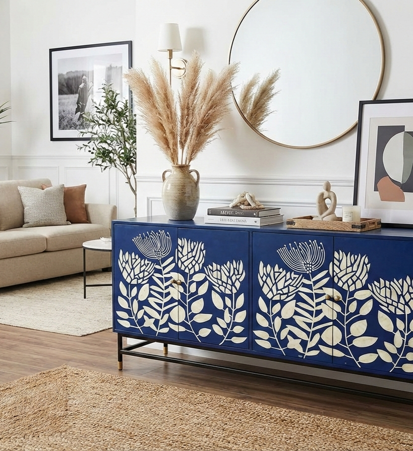 Bone Inlay 4 Door Cabinet Blue and White Floral Design with Black Stand and Brass Knobs
