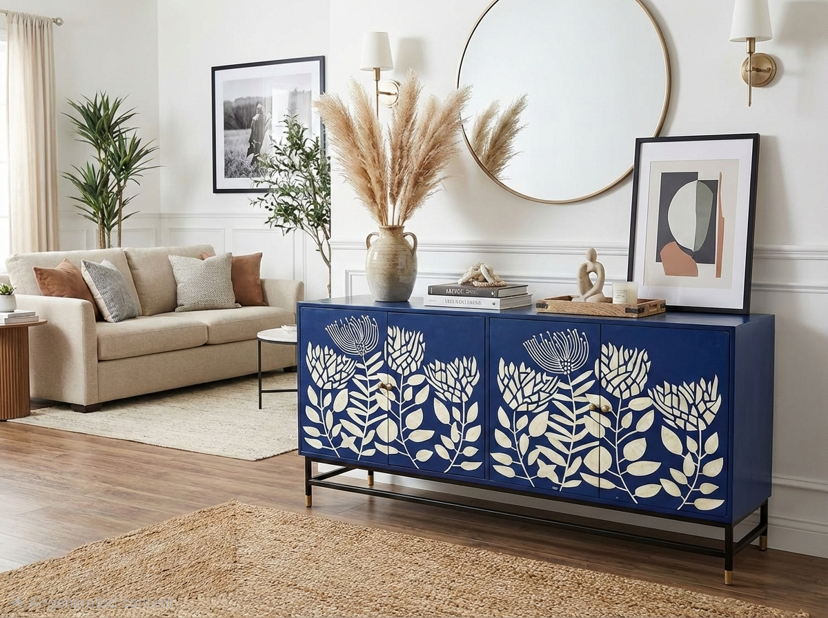 Bone Inlay 4 Door Cabinet Blue and White Floral Design with Black Stand and Brass Knobs