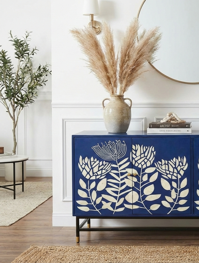 Bone Inlay 4 Door Cabinet Blue and White Floral Design with Black Stand and Brass Knobs