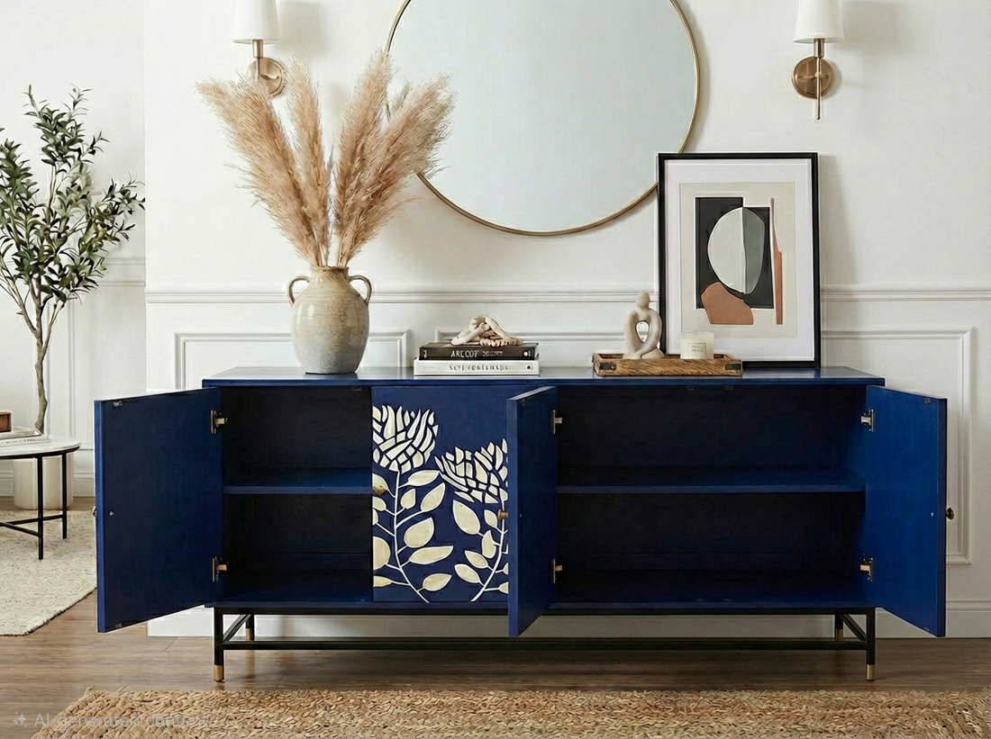 Bone Inlay 4 Door Cabinet Blue and White Floral Design with Black Stand and Brass Knobs