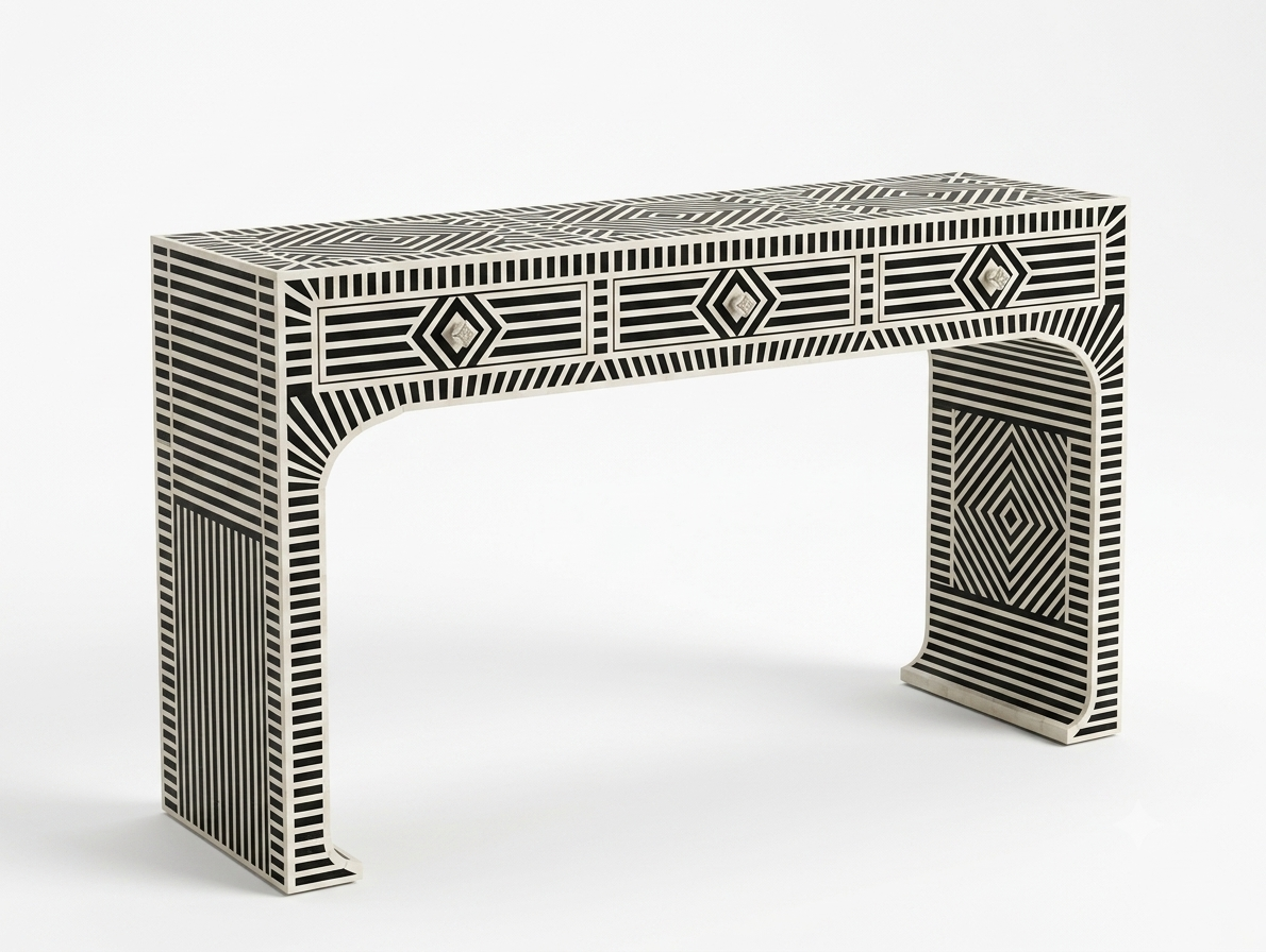 Bone Inlay Black & White 3-Drawer Geometric Console Table