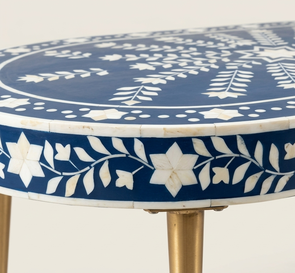 Bone Inlay Blue & White Oval Coffee Table with Gold Legs