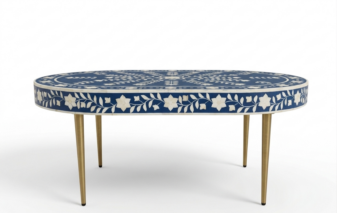 Bone Inlay Blue & White Oval Coffee Table with Gold Legs