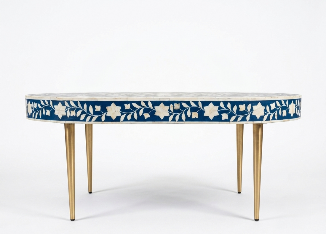 Bone Inlay Blue & White Oval Coffee Table with Gold Legs