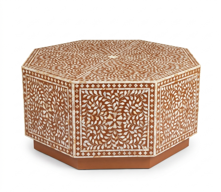 Mother of Pearl Inlay Brown Hexagonal Coffee Table