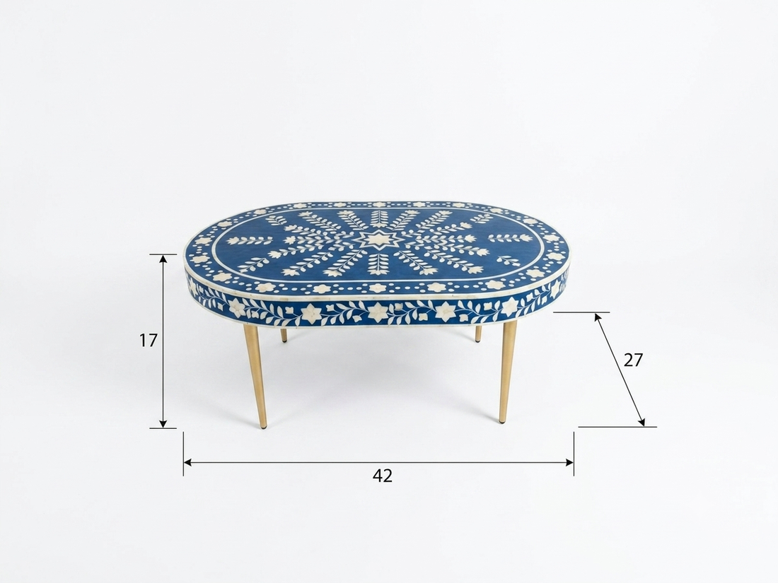 Bone Inlay Blue & White Oval Coffee Table with Gold Legs