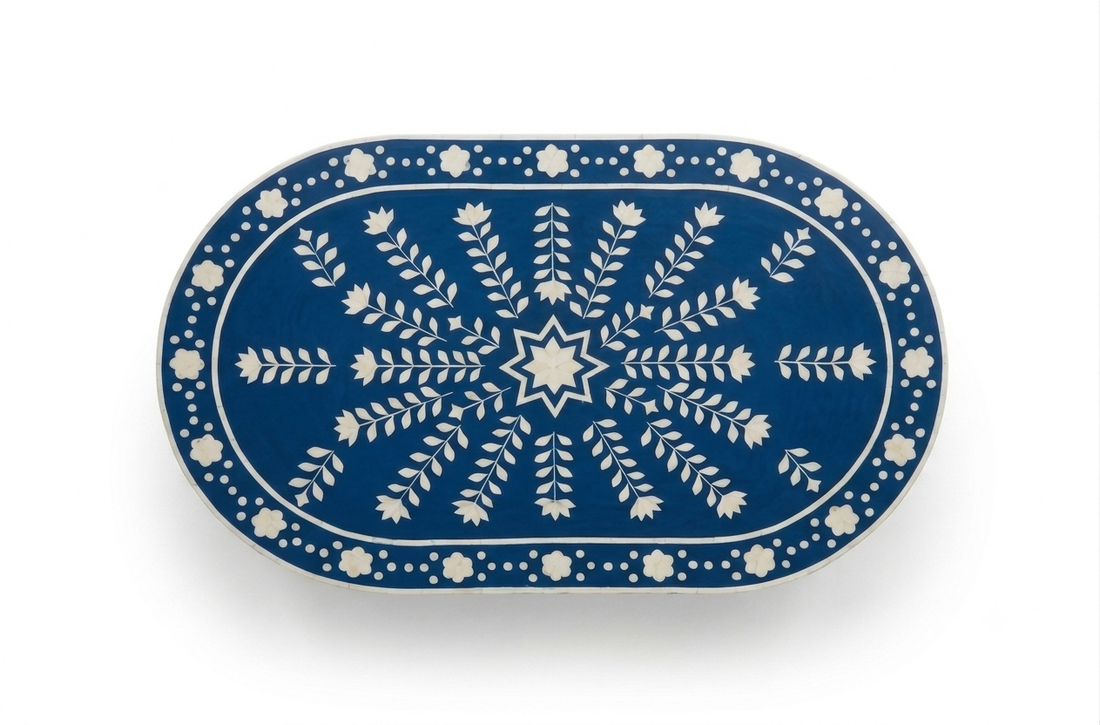 Bone Inlay Blue & White Oval Coffee Table with Gold Legs
