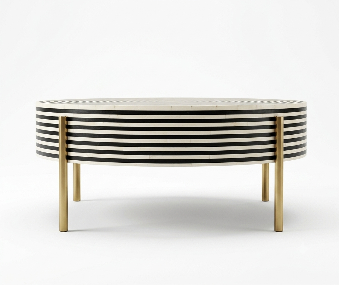 Black & White Bone Inlay Round Coffee Table with Gold Powder Coated Legs | Handmade