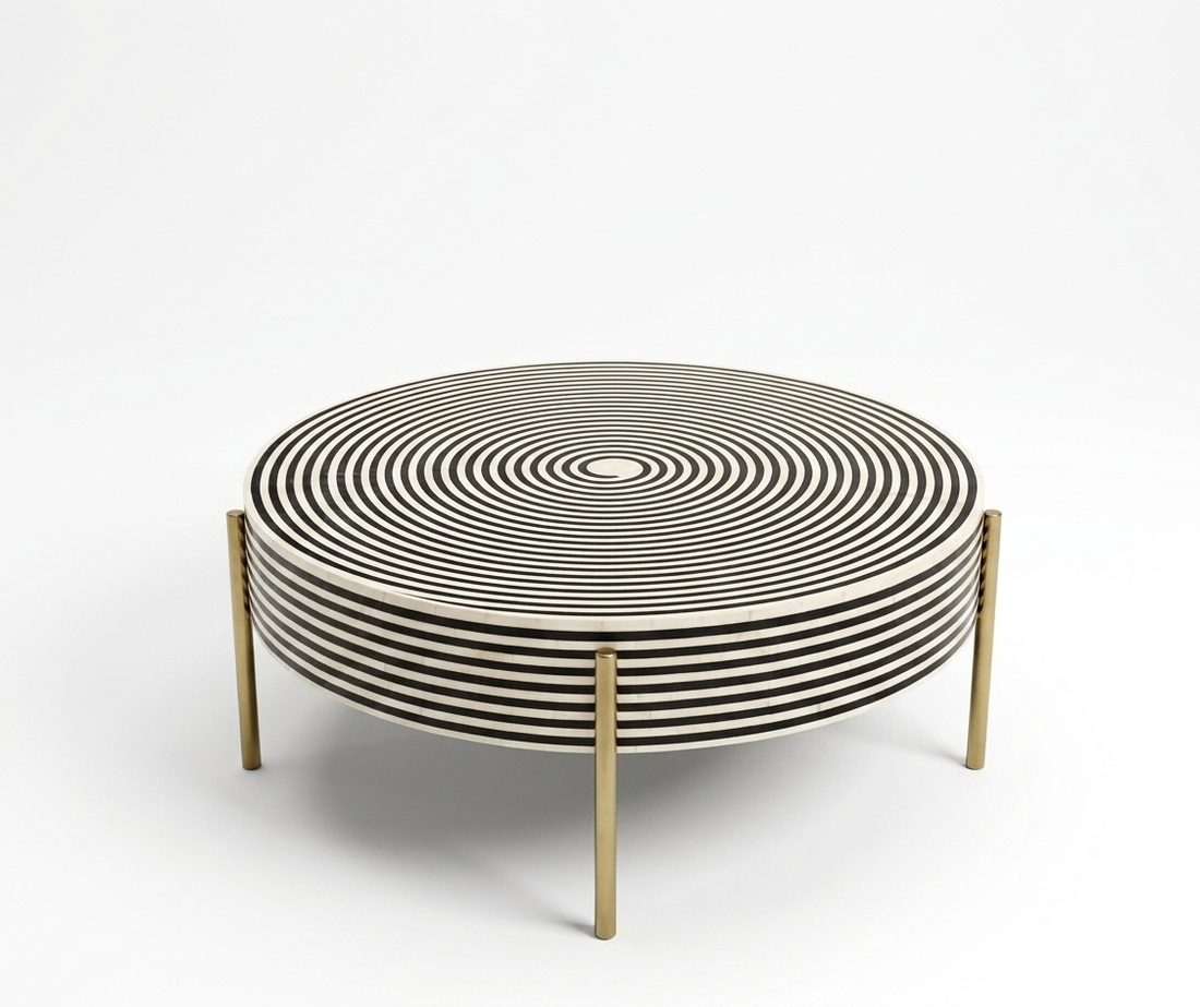 Black & White Bone Inlay Round Coffee Table with Gold Powder Coated Legs | Handmade