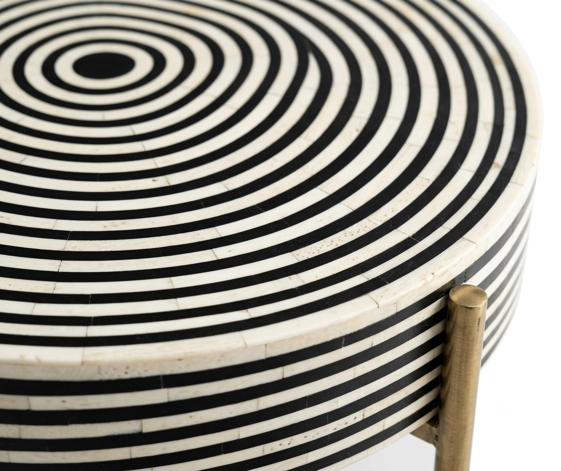 Black & White Bone Inlay Round Coffee Table with Gold Powder Coated Legs | Handmade