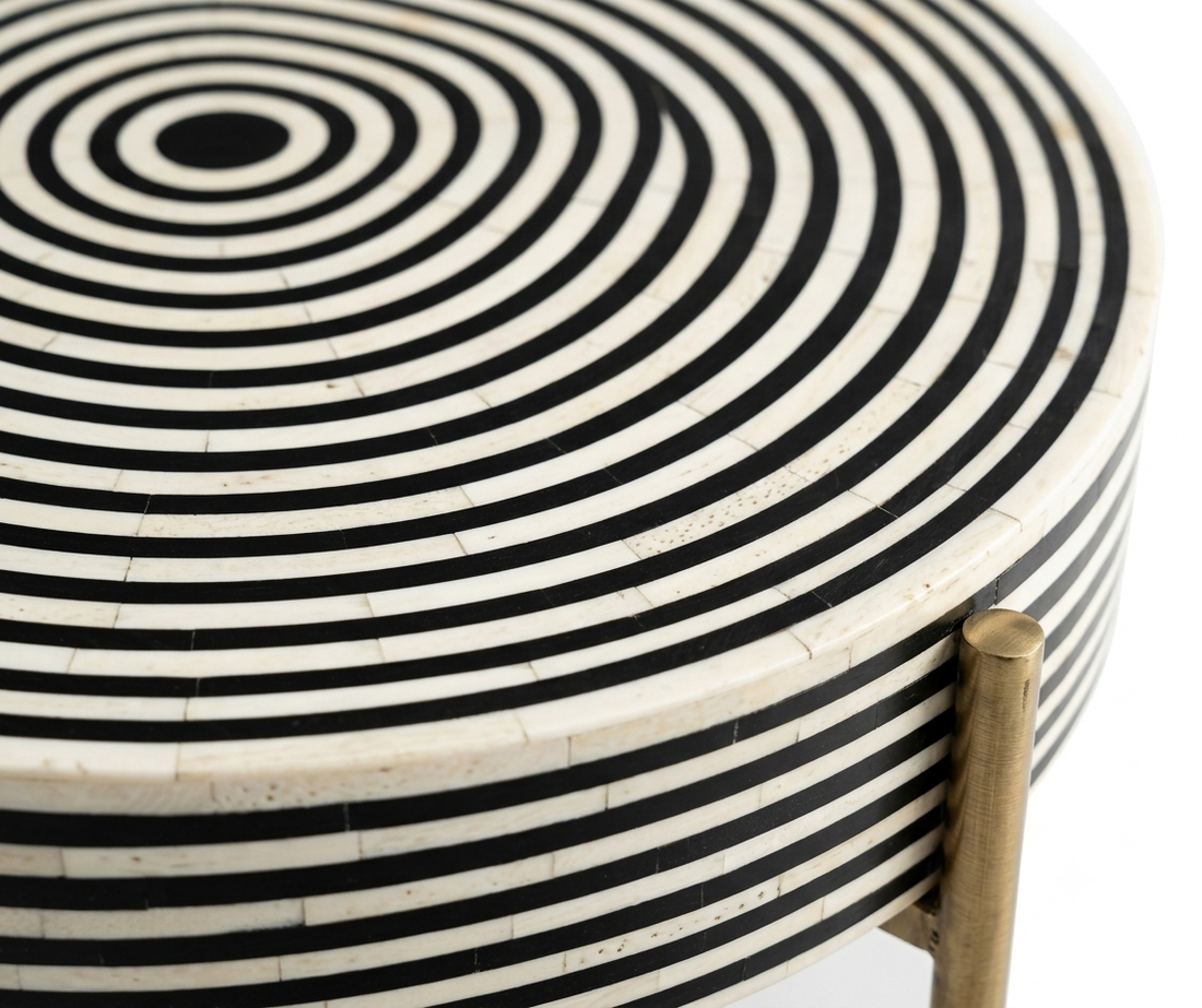 Black & White Bone Inlay Round Coffee Table with Gold Powder Coated Legs | Handmade