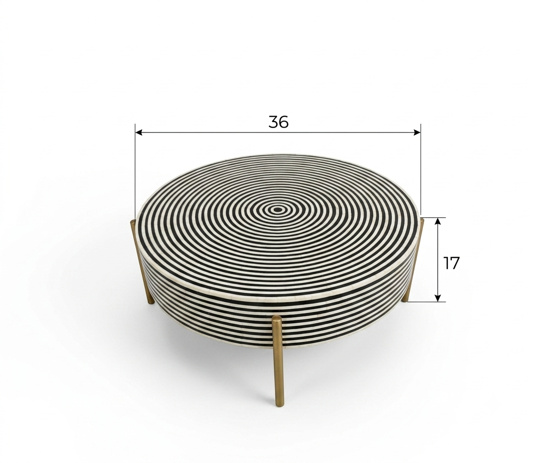 Black & White Bone Inlay Round Coffee Table with Gold Powder Coated Legs | Handmade