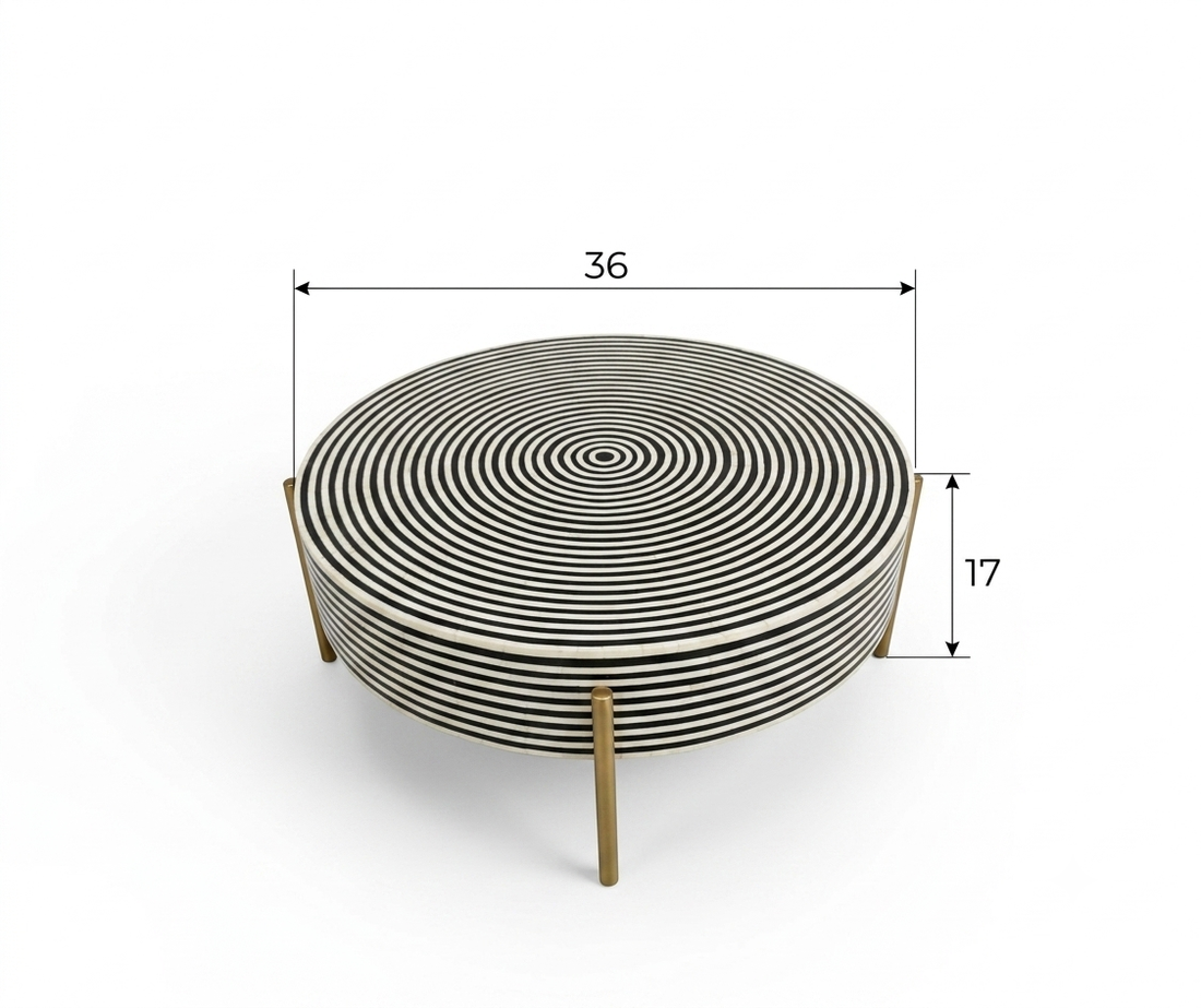 Black & White Bone Inlay Round Coffee Table with Gold Powder Coated Legs | Handmade