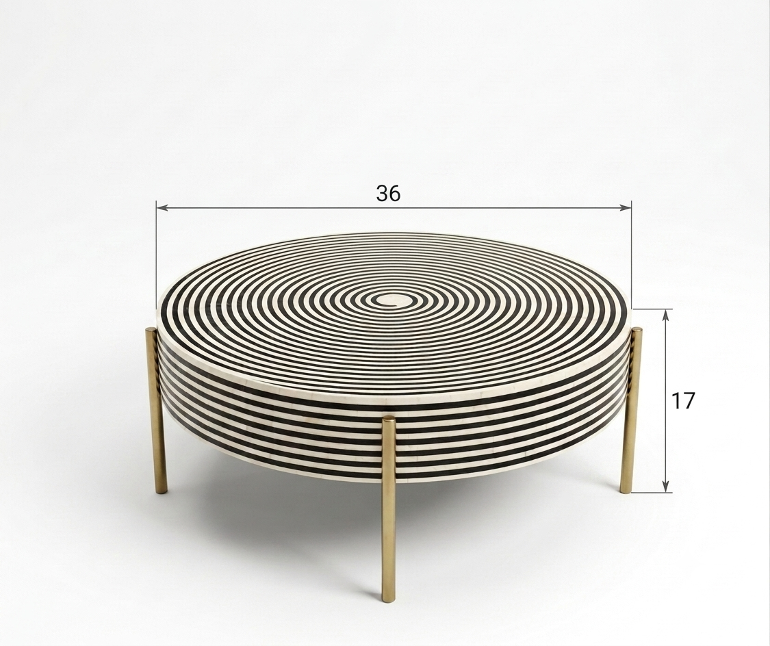 Black & White Bone Inlay Round Coffee Table with Gold Powder Coated Legs | Handmade