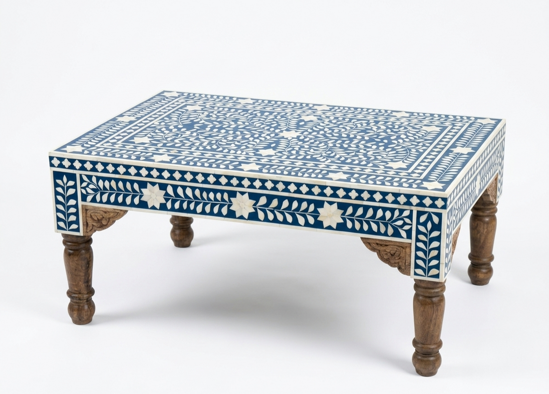 Blue Bone Inlay Carved Coffee Table with Wooden Polish Legs