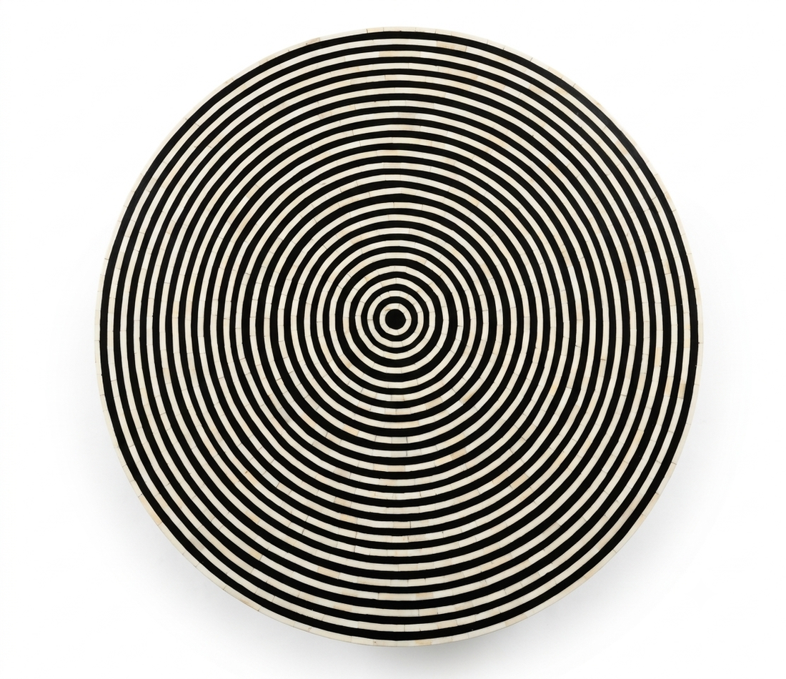 Black & White Bone Inlay Round Coffee Table with Gold Powder Coated Legs | Handmade