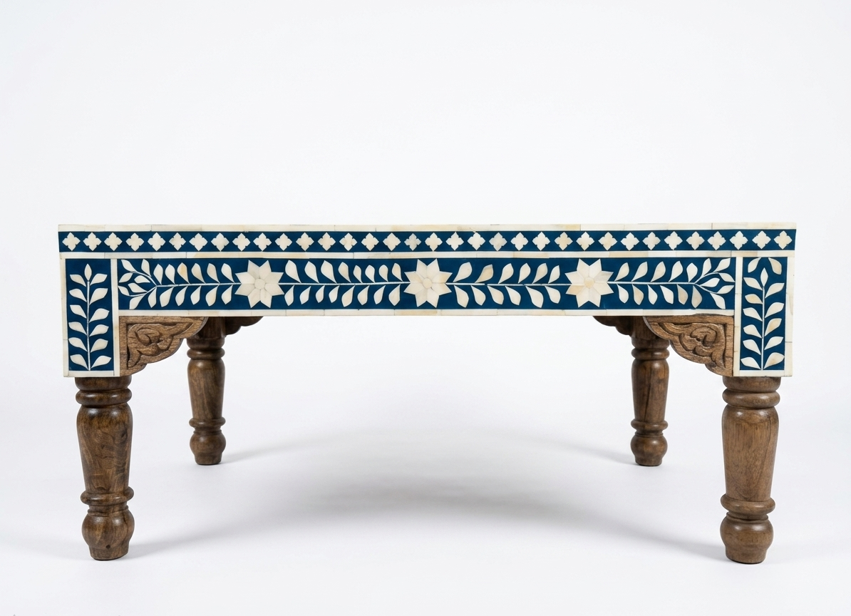 Blue Bone Inlay Carved Coffee Table with Wooden Polish Legs