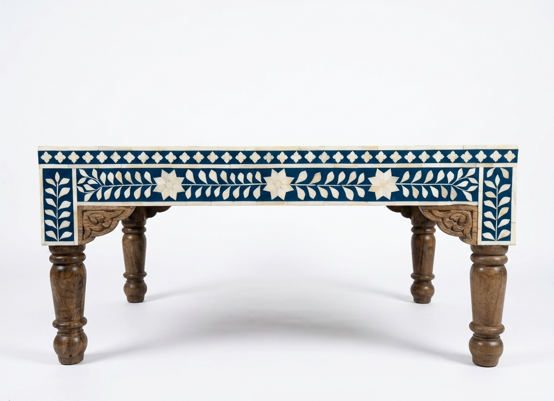 Blue Bone Inlay Carved Coffee Table with Wooden Polish Legs
