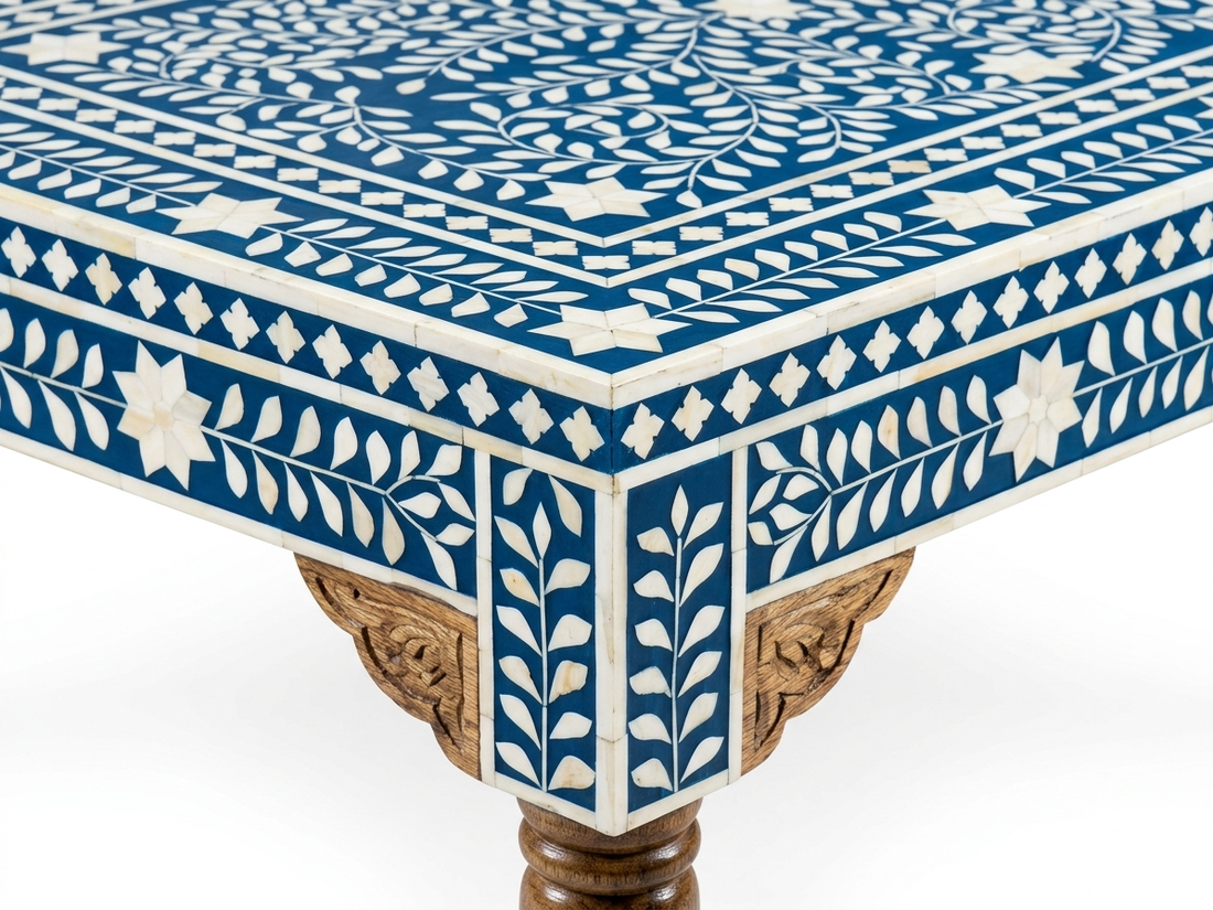 Blue Bone Inlay Carved Coffee Table with Wooden Polish Legs