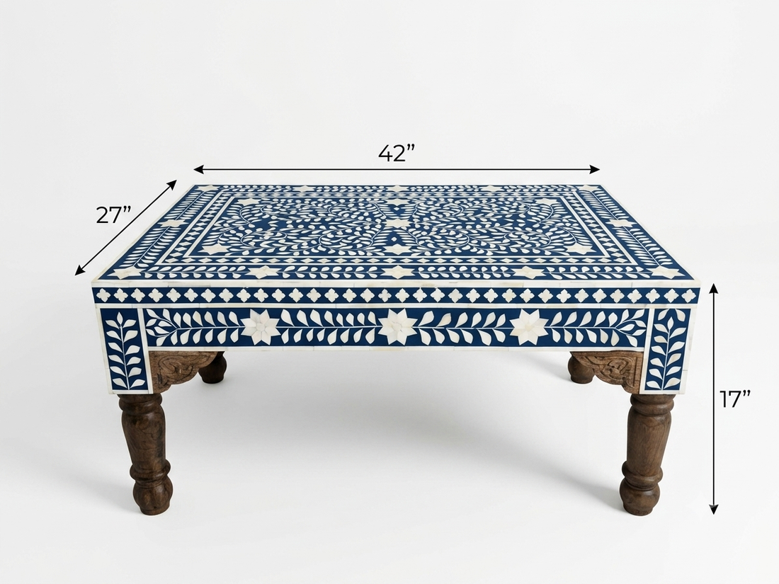Blue Bone Inlay Carved Coffee Table with Wooden Polish Legs