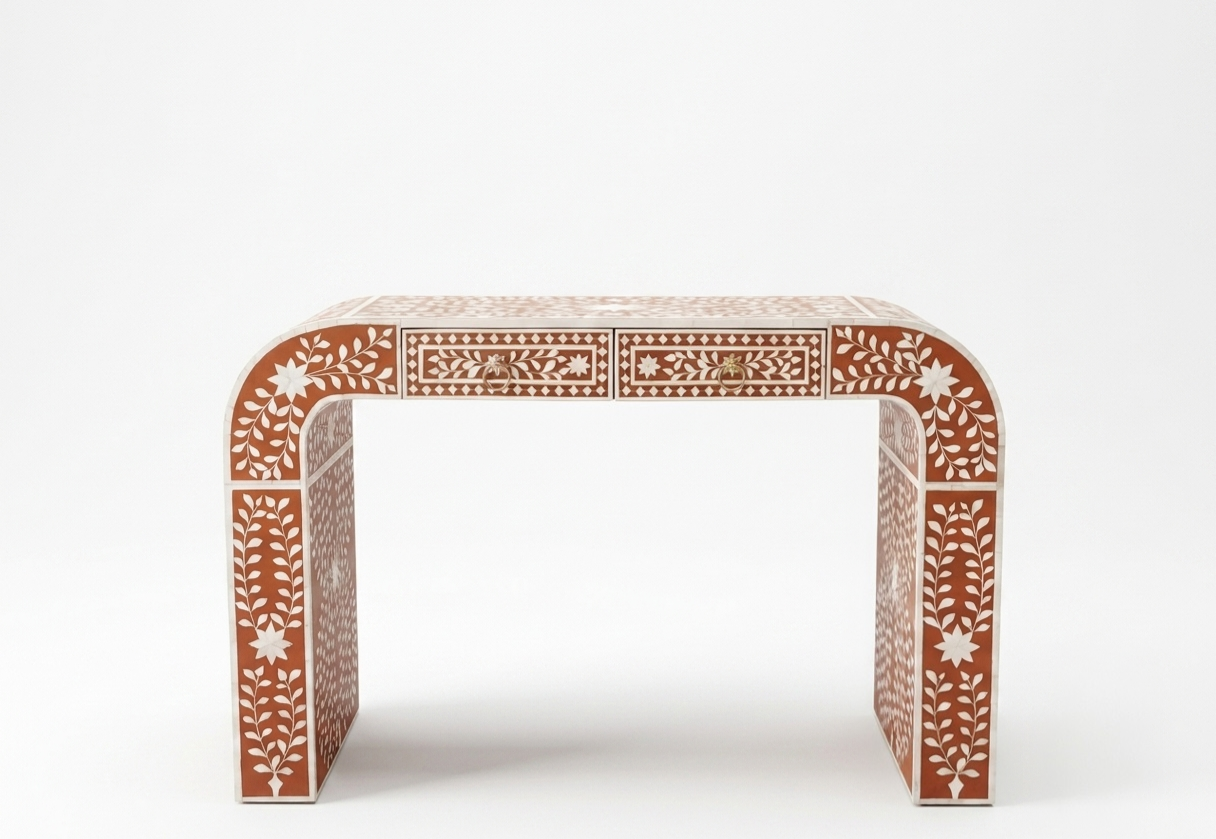 Orange Bone Inlay Floral 2 Drawer Console Table | Handmade Entryway Table