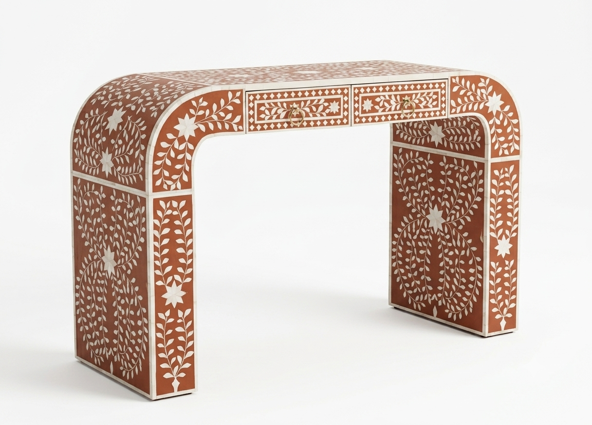 Orange Bone Inlay Floral 2 Drawer Console Table | Handmade Entryway Table