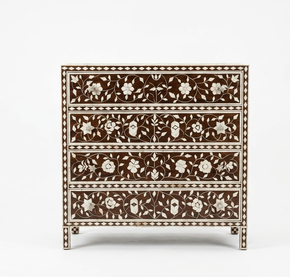 Brown Bone Inlay 4 Drawer Chest | Handmade Floral Chest of Drawers