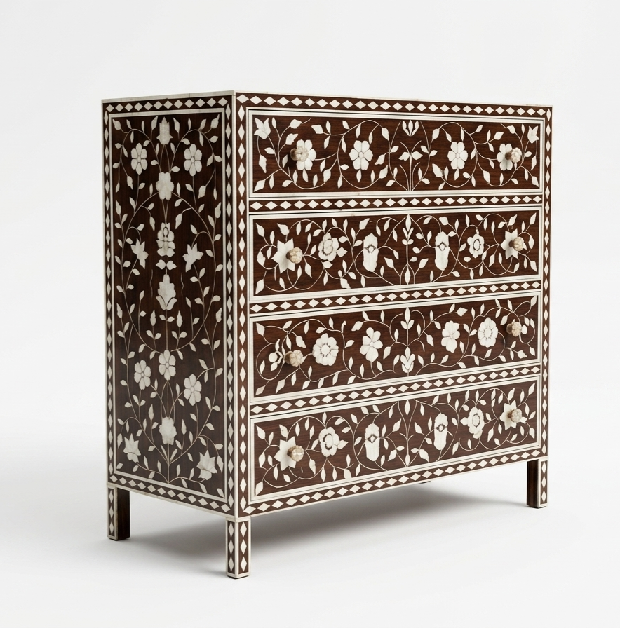 Brown Bone Inlay 4 Drawer Chest | Handmade Floral Chest of Drawers
