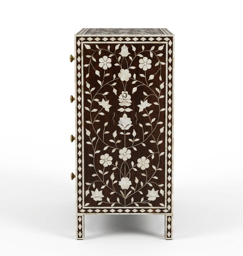 Brown Bone Inlay 4 Drawer Chest | Handmade Floral Chest of Drawers