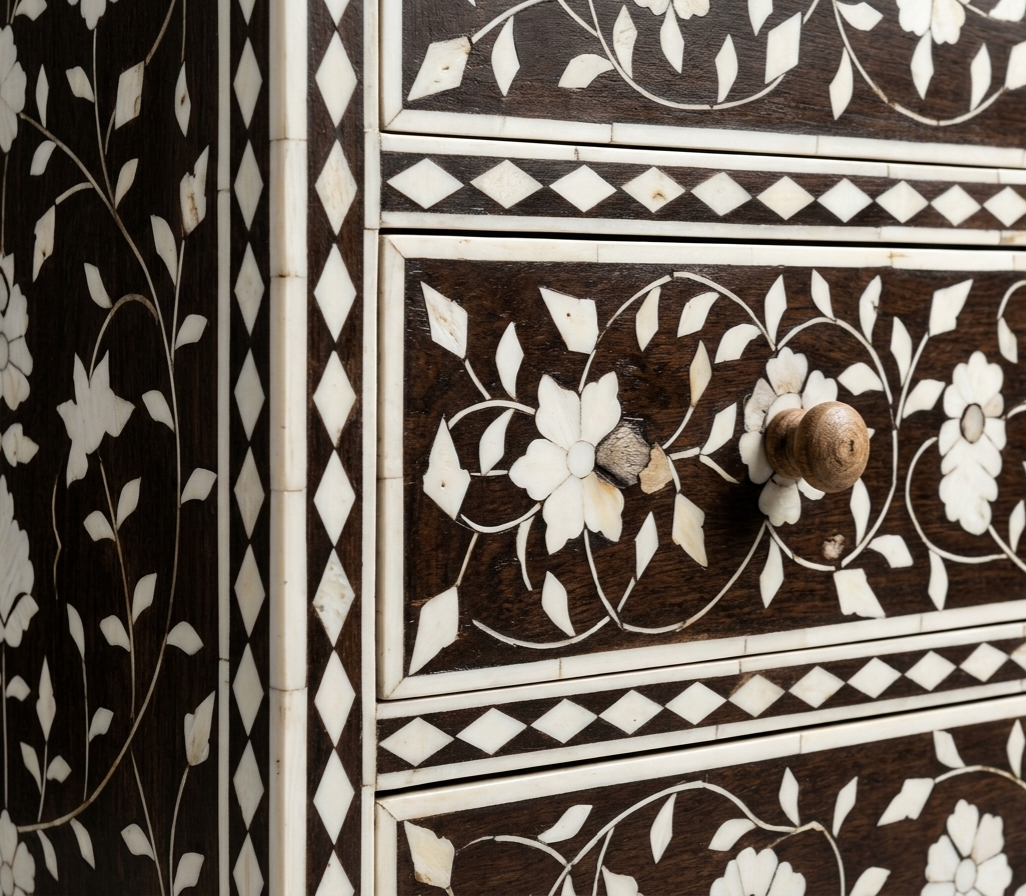 Brown Bone Inlay 4 Drawer Chest | Handmade Floral Chest of Drawers