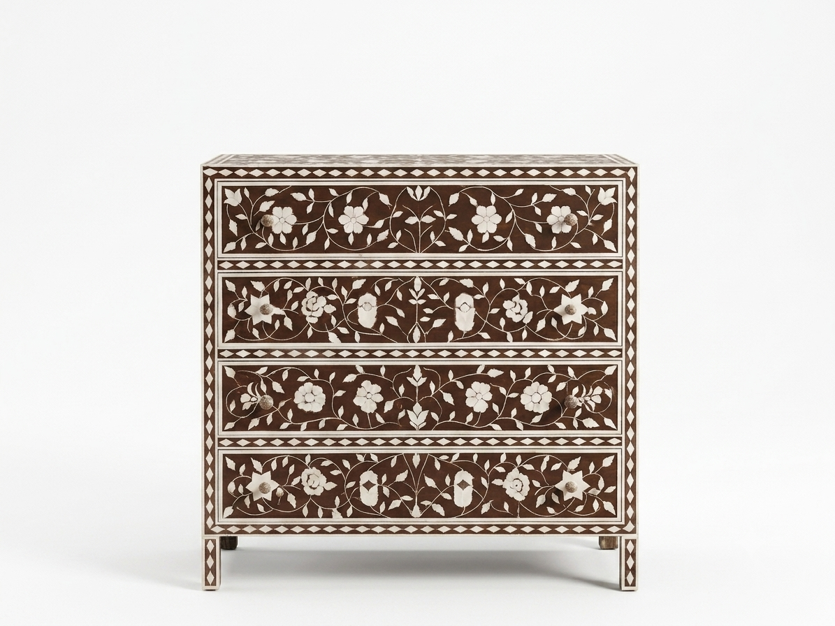 Brown Bone Inlay 4 Drawer Chest | Handmade Floral Chest of Drawers