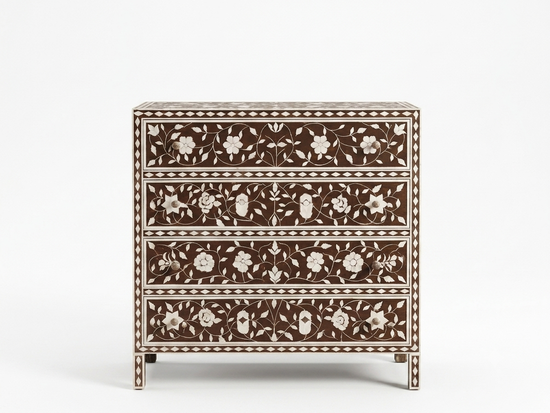 Brown Bone Inlay 4 Drawer Chest | Handmade Floral Chest of Drawers