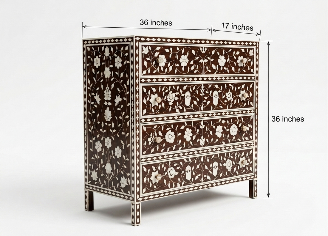Brown Bone Inlay 4 Drawer Chest | Handmade Floral Chest of Drawers