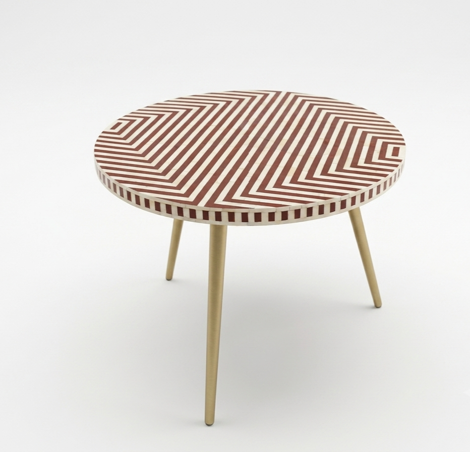 Brown Bone Inlay Coffee Table – Round Geometric Chevron Design