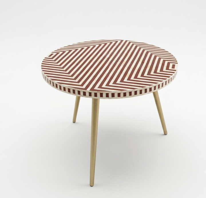 Brown Bone Inlay Coffee Table – Round Geometric Chevron Design