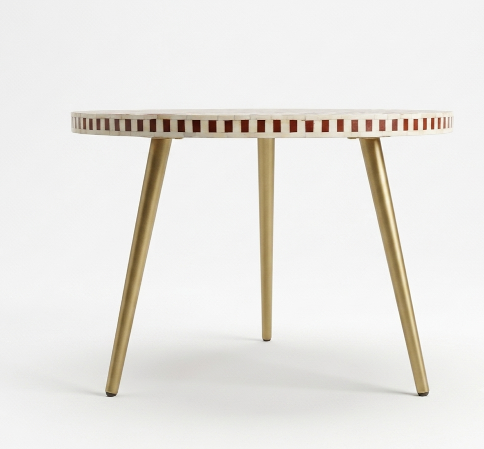 Brown Bone Inlay Coffee Table – Round Geometric Chevron Design