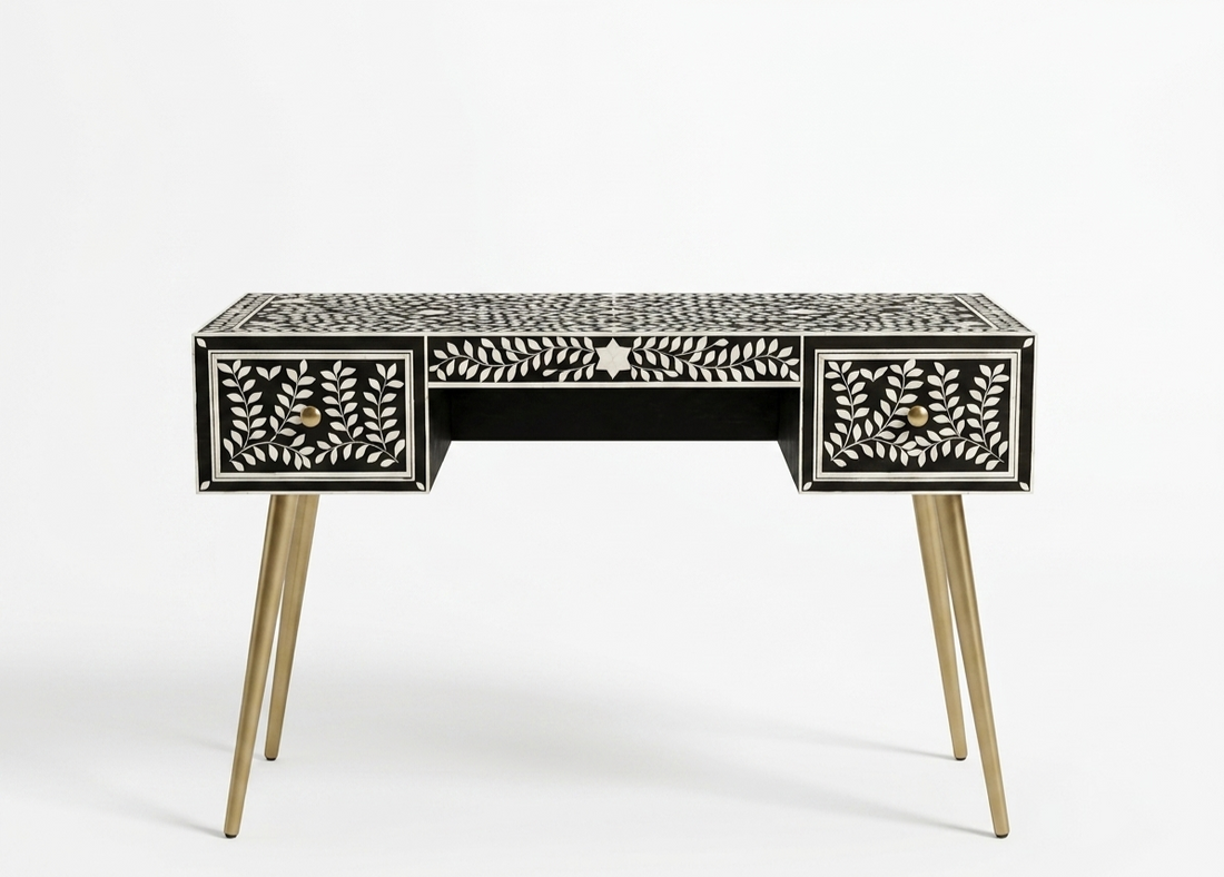 Bone Inlay Black & White 2 Drawer Work Desk – Gold Powder-Coated Legs