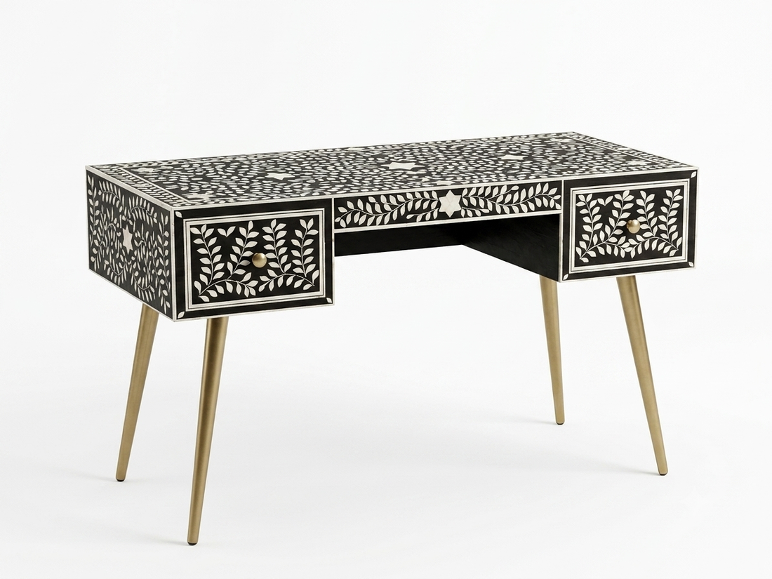 Bone Inlay Black & White 2 Drawer Work Desk – Gold Powder-Coated Legs