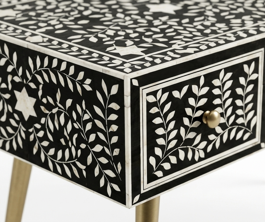 Bone Inlay Black & White 2 Drawer Work Desk – Gold Powder-Coated Legs