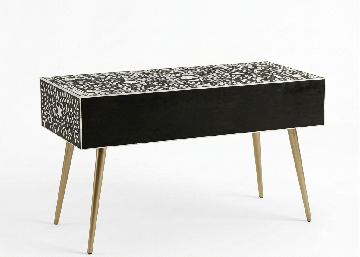 Bone Inlay Black & White 2 Drawer Work Desk – Gold Powder-Coated Legs