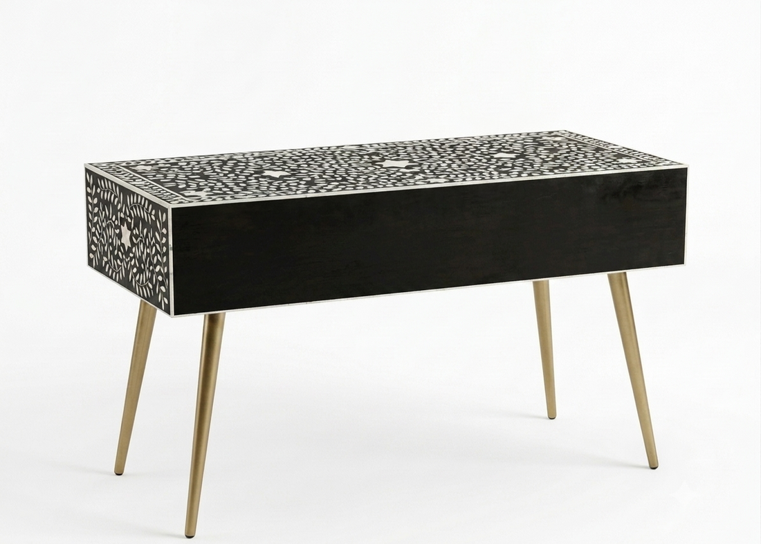 Bone Inlay Black & White 2 Drawer Work Desk – Gold Powder-Coated Legs