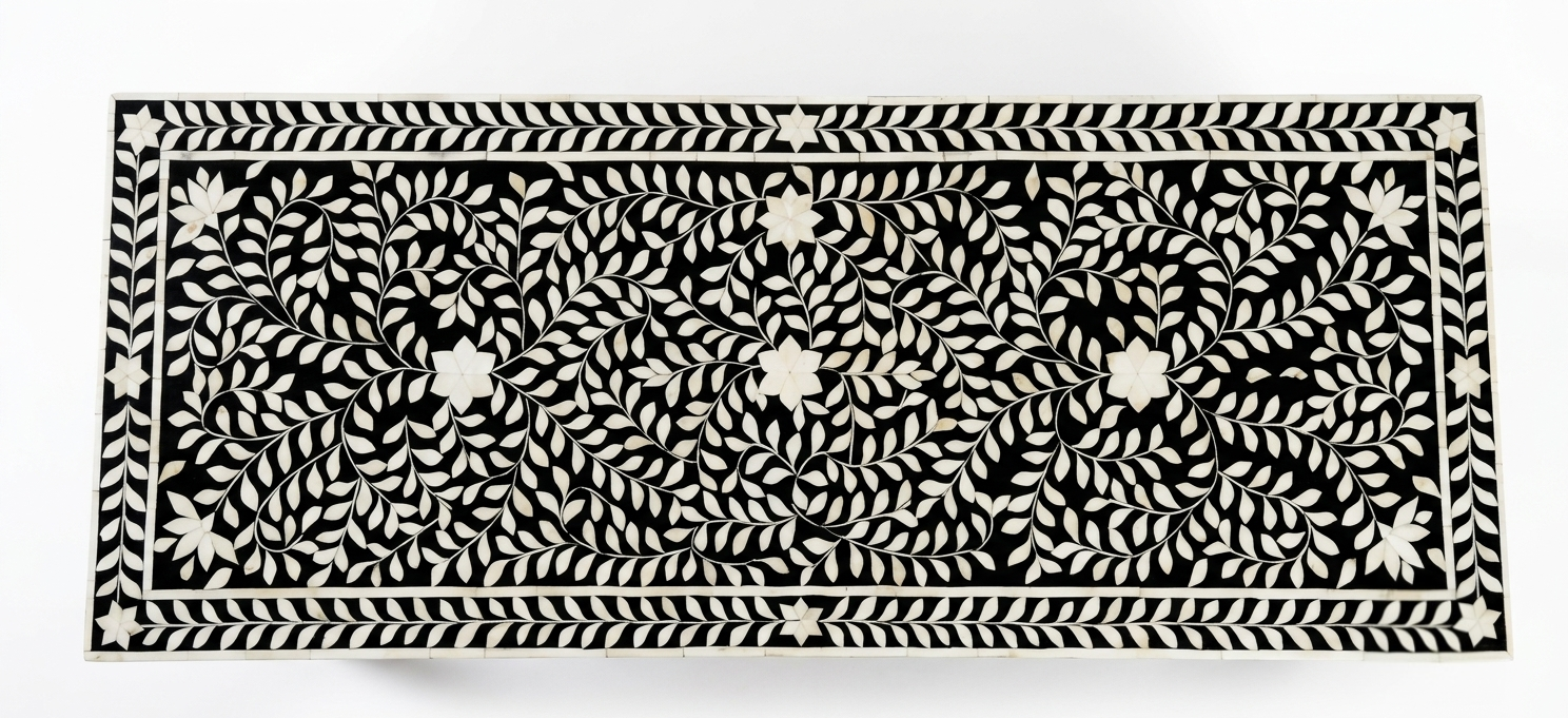 Bone Inlay Black & White 2 Drawer Work Desk – Gold Powder-Coated Legs